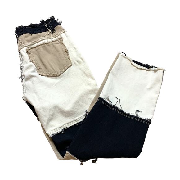 Patchwork Black Beige Cream Raw Hem Distressed Straight Leg Pants Medium - Picture 1 of 8